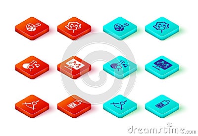 Set Drawing compass, Battery, Test tube, Genetic engineering, Microorganisms under magnifier and with toxic liquid icon Vector Illustration