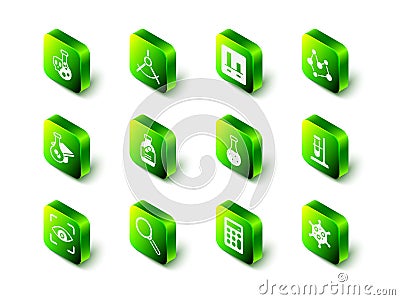 Set Drawing compass, Graph chart infographic, Chemical formula, Test tube flask on stand, Virus, Calculator and Vector Illustration