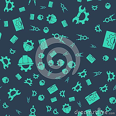 Set Drawing compass, Wrench spanner and gear, Worker safety helmet and gear and Laptop and gear on seamless pattern Vector Illustration