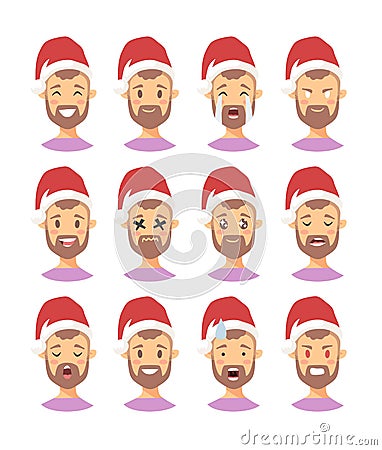 Set of drawing emotional caucasian character with Christmas hat. Cartoon style emotion icon. Flat illustration boy avatar with Vector Illustration