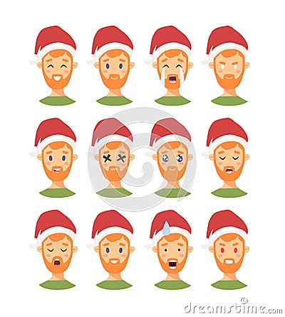 Set of drawing emotional caucasian character with Christmas hat. Cartoon style emotion icon. Flat illustration boy avatar with Cartoon Illustration