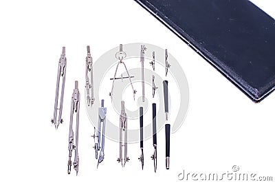 Set of drawing metal compasses in black box Stock Photo