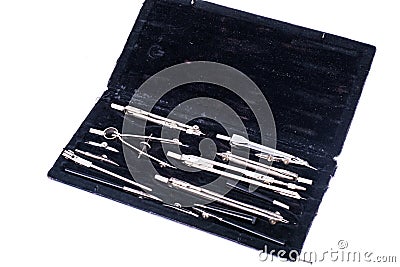 Set of drawing metal compasses in black box Stock Photo