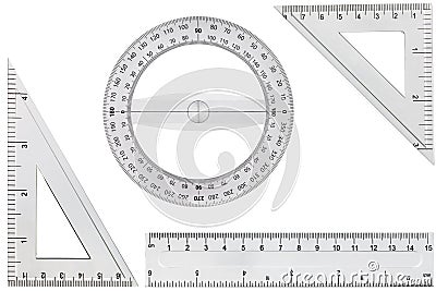 Set of drawing tools, ruler, protractor triangle, isolated on white background Stock Photo