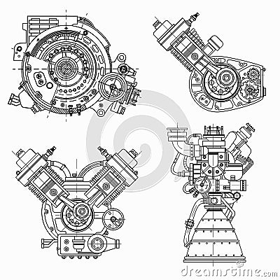 Set of drawings of engines - motor vehicle internal combustion engine, motorcycle, electric motor and a rocket. It can Vector Illustration