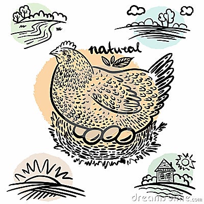 Set of drawings from the hand of chicken sits on the eggs and sketches of the village and fields Vector Illustration