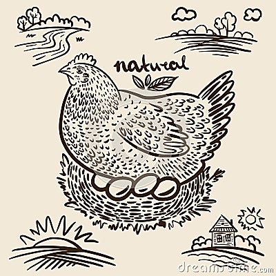 Set of drawings from the hand of chicken sits on the eggs and sketches of the village and fields Vector Illustration