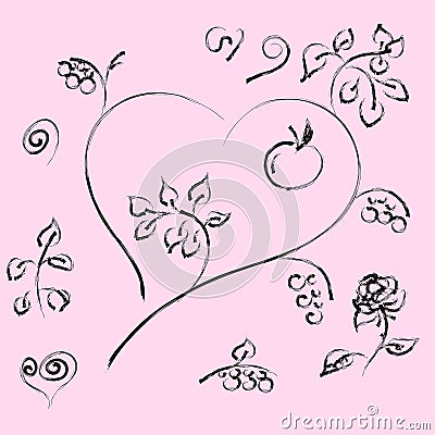 Set of drawings heart, leaves, berries. Vector Illustration