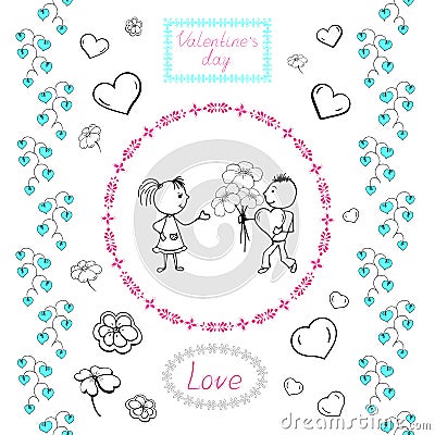 Set of drawings for Valentine`s day heart, couple in love, flowers for decoration of greeting cards Vector Illustration