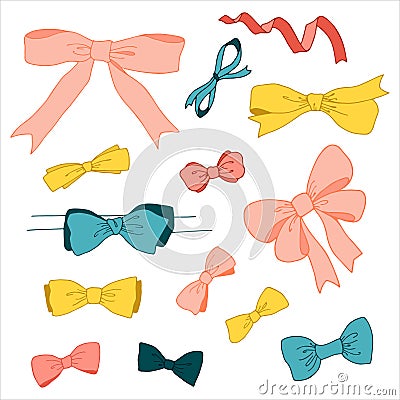 Set of drawn bows. Colored decorative bows Stock Photo