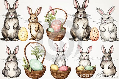 Set of drawn cute Easter bunnies with baskets and Easter painted eggs on a white background. Easter concept Happy Easter with Stock Photo