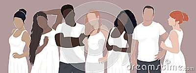 set of drawn diverse people in white clothes. women and men from different ethnic groups. vector modern flat illustration. Vector Illustration