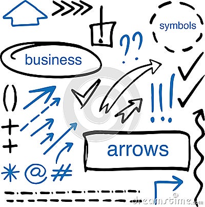 Set of drawn by hand arrows, frames and symbols Vector Illustration