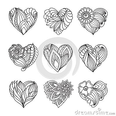 Set of drawn hearts with flowers and plants for Valentine`s Day or weddings Vector Illustration