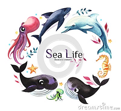 Set of drawn, watercolor painted marine life and marine life design elements. Whales, Shark, Dolphin, Octopus, Starfish, Seahorse Stock Photo