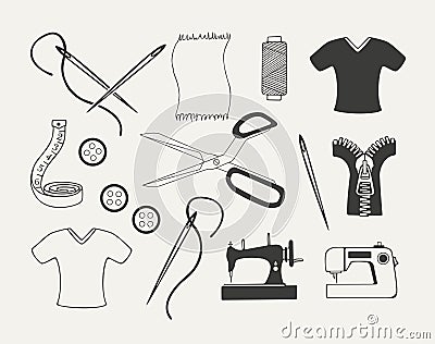 Set of dressmaking emblems, badges, labels Vector Illustration