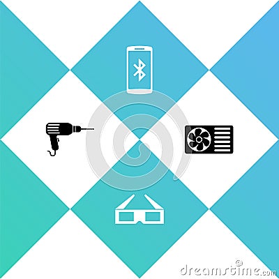 Set Drill machine, 3D cinema glasses, Smartphone with bluetooth and Air conditioner icon. Vector Vector Illustration