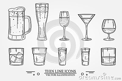 Set drink alcohol glass for beer, whiskey, wine, tequila, cognac, champagne, brandy, cocktails, liquor. Vector illustration isola Vector Illustration