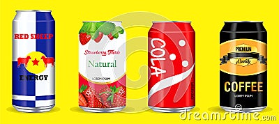 Set of drinking soda water in aluminium can. Vector Illustration