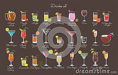 Set of drinks on a brown background. Vector graphics Stock Photo