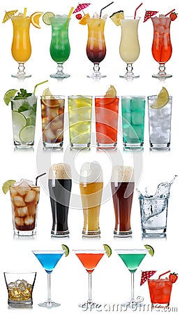 Set of drinks, cocktails, cola, beer, water and Whisky Stock Photo