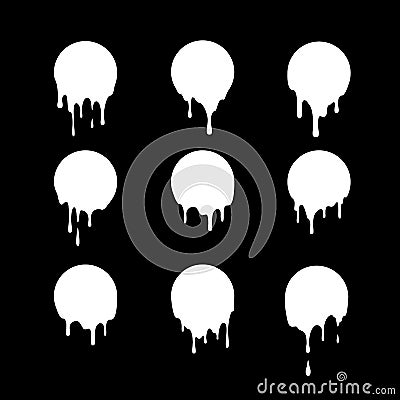 Set of dripping white circles. Liquid drops of ink. Dripping liquid. Vector illustration isolated Vector Illustration