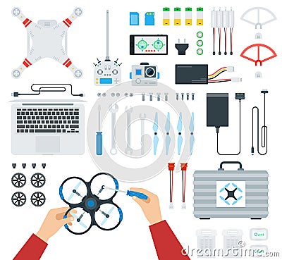 Set of equipment for the drone, repair by human hands vector illustration in a flat design Vector Illustration