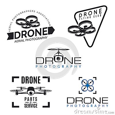 Set of drone logos, badges and design elements. Vector Illustration