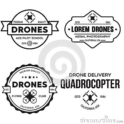 Set of drone logos, badges, emblems and design elements. Quadrocopter flying club, delivery logotypes Cartoon Illustration