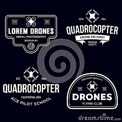 Set of drone logos, badges, emblems and design elements. Quadrocopter flying club, delivery logotypes Vector Illustration