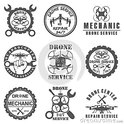 Set of drone logos, badges, emblems and design elements. Vector Illustration