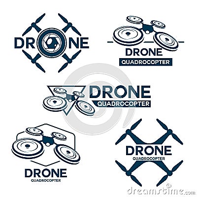 Set of drone quadrocopter logo template. Vector Illustration
