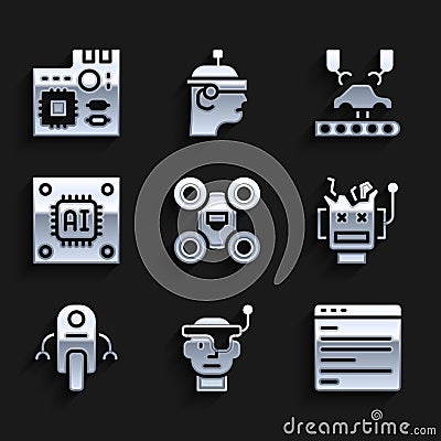 Set Drone, Smart glasses, Computer api interface, Broken robot, Robot, Processor with microcircuits CPU, Robotic arm Vector Illustration