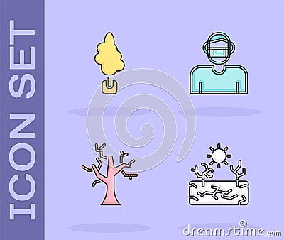 Set Drought, Tree, Withered tree and Face in protective mask icon. Vector Vector Illustration