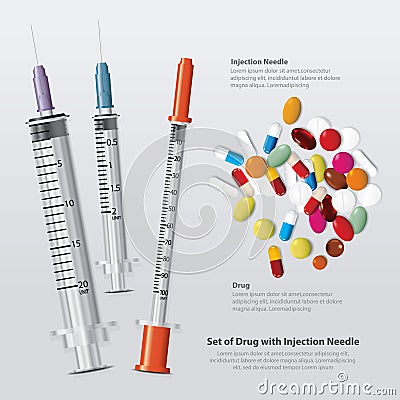 Set of Drug with Injection Needle Realistic Vector Illustration