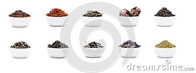 Set of dry tea leaves in white porcelain bowls Stock Photo