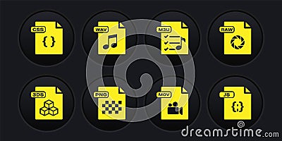 Set 3DS file document, RAW, PNG, MOV, M3U, WAV, JS and CSS icon. Vector Vector Illustration