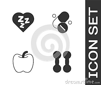 Set Dumbbell, Sleepy, Apple and Vitamin pill icon. Vector Vector Illustration