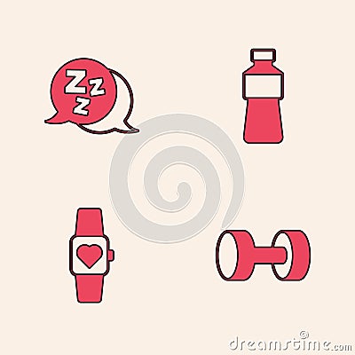 Set Dumbbell, Sleepy, Bottle of water and Smart watch icon. Vector Vector Illustration