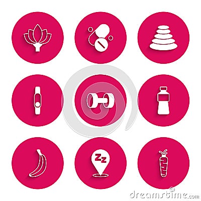 Set Dumbbell, Sleepy, Carrot, Bottle of water, Banana, Smartwatch, Stack hot stones and Lotus flower icon. Vector Vector Illustration