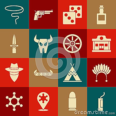 Set Dynamite bomb, Indian headdress with feathers, Wild west saloon, Game dice, Buffalo skull, Dagger, Lasso and Old Vector Illustration