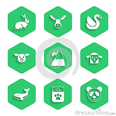 Set Eagle head, Bag of food, Cute panda face, Sheep, Whale, Pig, Swan bird and Rabbit icon. Vector Vector Illustration