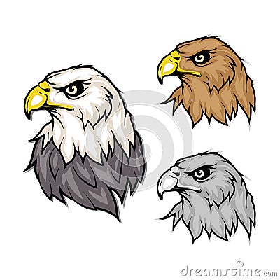 Set of eagles. Bald eagle logo. Wild birds drawing. Head of an eagle. Vector Illustration