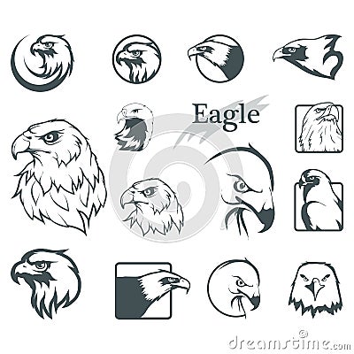 Set of eagles. Bald eagle logo. Wild birds drawing. Head of an eagle. Vector Illustration