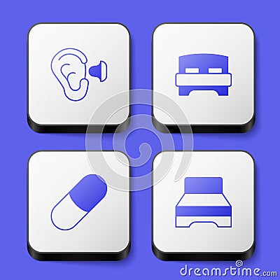 Set Earplugs and ear, Big bed, Sleeping pill and icon. White square button. Vector Vector Illustration