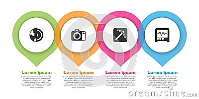 Set Earth core structure crust, Photo camera, Pickaxe and Seismograph. Business infographic template. Vector Vector Illustration