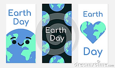 Set of Earth Day banners for social networks. Smiling blue globe, many planets, Earth in form of heart. Holiday. Ecology Vector Illustration