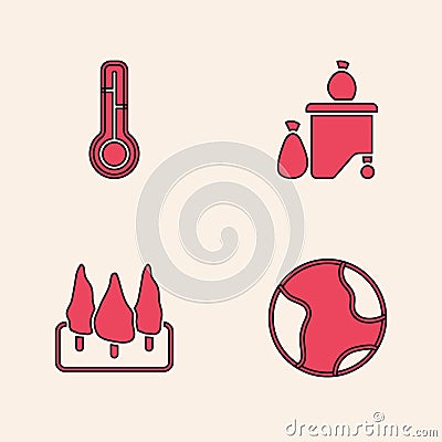 Set Earth globe, Meteorology thermometer, Full dustbin and Forest icon. Vector Vector Illustration