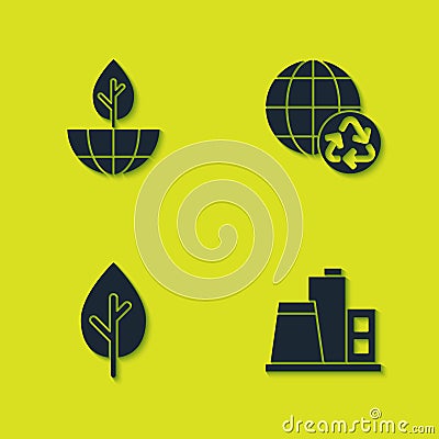 Set Earth globe and plant, Factory, Tree and Planet earth recycling icon. Vector Vector Illustration