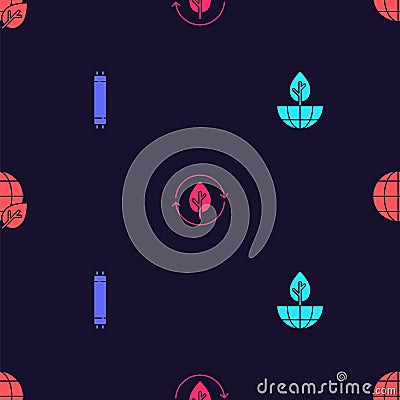 Set Earth globe and plant, Fluorescent lamp, Recycle leaf and on seamless pattern. Vector Vector Illustration
